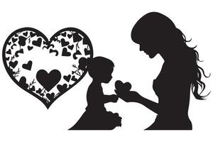 siluetas de un joven mujer con un bebé y corazones en un antecedentes vector