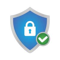 Closed protection system. blue shield with closed lock and checkmark sign. security guard symbol vector