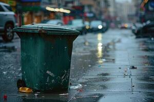 Dirty plastic trash can stands on the sidewalk photo