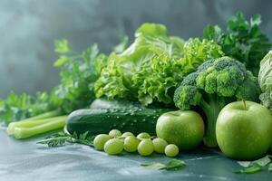 conjunto de verde productos hierbas, verduras, frutas y bayas foto