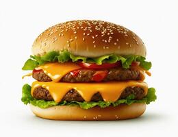 cheese burger with vegetables on wooden table and white background photo