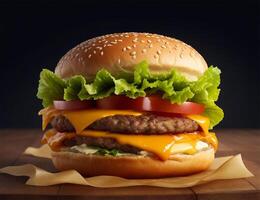 cheese burger with vegetables on wooden table and black background photo