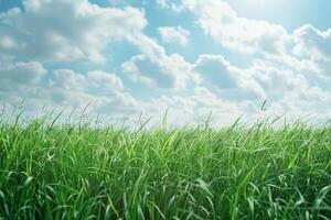 Green grass on a background against a blue sky with clouds on a sunny day photo