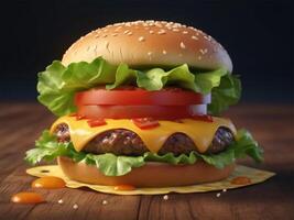 cheese burger with vegetables on wooden table and black background photo