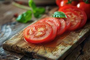 Sliced tomatoes lie on a cutting board photo