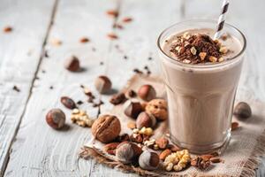 Chocolate milk cocoa with paper straw, decorated with chocolate powder and nuts photo