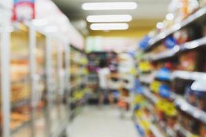 Blurred image of the background of a supermarket shelf. photo