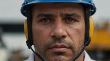 A close-up, revealing the focused and determined expression of a worker photo