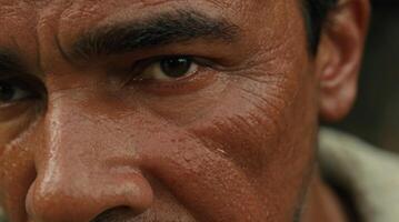 Examining the laborer's features in a close-up perspective photo