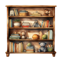 hölzern Bücherregal geschmückt mit bunt Bücher png