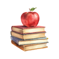 rojo manzana en un vistoso apilar de libros, símbolo de aprendizaje y conocimiento png