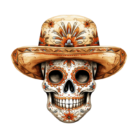 Festive Sugar Skulls Adorned with Colorful Hats png