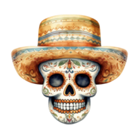 Festive Sugar Skulls Adorned with Colorful Hats png