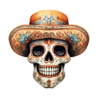 Festive Sugar Skulls Adorned with Colorful Hats png