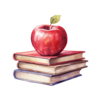 rosso Mela su un' colorato pila di libri, simbolo di apprendimento e conoscenza png