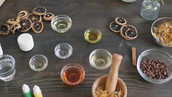 Different oils in bowl and spices video