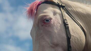 blanc cheval bleu yeux rose crinière video