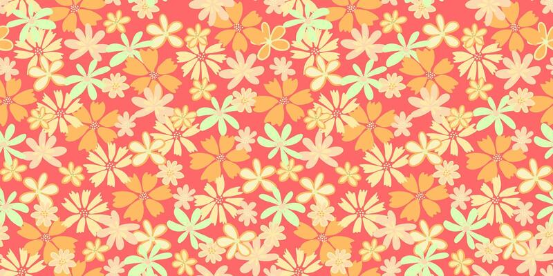 Abstract creative groovy flowers seamless pattern on a red background. hand drawn sketch shapes cute ditsy meadow floral printing. Template for designs, notebook cover, childish textiles