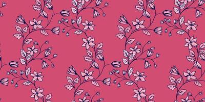 Blooming red meadow with curved branches with tiny ditsy flowers, bells, leaves intertwined in seamless pattern. Abstract artistic wild floral stems printing. hand drawn. Template for designs, vector