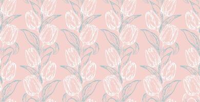 Pastel gently seamless pattern with artistic abstract lines tulips and branches leaves. hand drawn sketch. Simple floral stems printing. Template for designs, fabric, textile vector