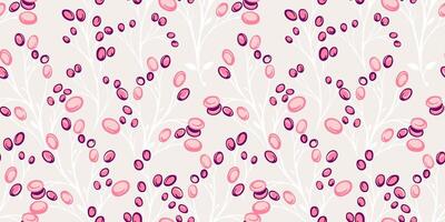 Creative branches with abstract shapes berries, drops, dots, spots intertwined in a seamless pattern. The trendy gently stylized stems on a white background. hand drawn. Template for designs vector