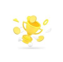 Financial success win achievement golden coin flying victory cup award 3d icon realistic vector