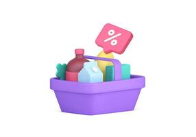 Grocery shopping sale discount supermarket basket full of food drink 3d icon realistic vector