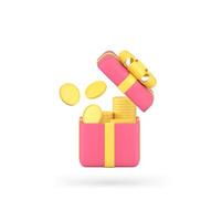 Financial gift box open present surprise full of golden cash coin money stack 3d icon vector