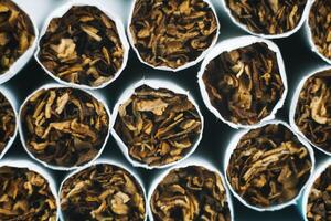 Close up tobacco cigarette background or texture. Cigarettes. Tobacco product photo