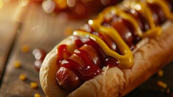 A hot dog with ketchup and mustard on a wooden table photo