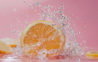 A splash of water surrounds a cut orange photo