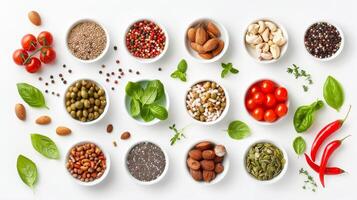 A white background with a variety of bowls containing different types of food photo