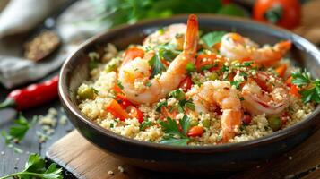 A bowl of shrimp and vegetables with a lot of seasoning photo