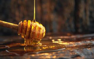 A honeycomb is dripping honey onto a wooden surface photo