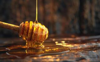 A honeycomb is dripping honey onto a wooden surface photo