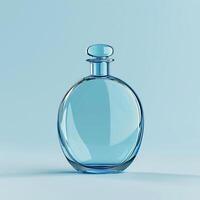 A clear glass bottle with a blue top sits on a white background photo