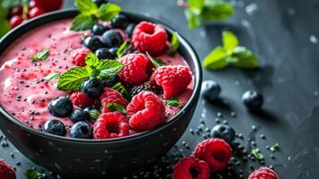 A bowl of mixed berries and fruit with a green garnish photo