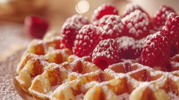 A waffle with powdered sugar and raspberries on top photo