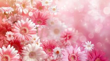 A pink and white flower arrangement with a pink background photo