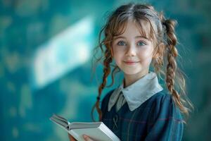 un joven niña es participación un libro y sonriente foto