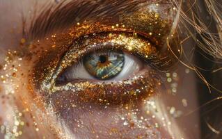 A woman's eye is covered in gold glitter photo