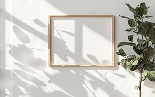 A white framed picture sits on a wall next to a plant photo