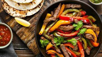 A black pan filled with meat and peppers sits on a wooden table photo