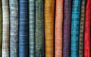 A row of colorful fabric with a variety of patterns and textures photo