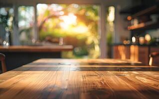 A wooden table with a view of the outside photo