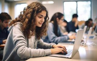 A girl is typing on a laptop in a classroom photo