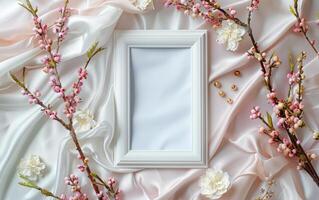 A white frame sits on a bedspread with pink flowers and branches photo