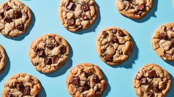 A row of chocolate chip cookies on a blue background photo