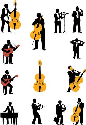 Set of silhouettes of musicians on a white background. illustration
