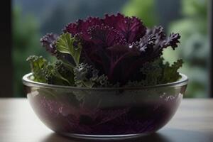 Fresh green and purple kale plants on marble, organic vegetablese photo